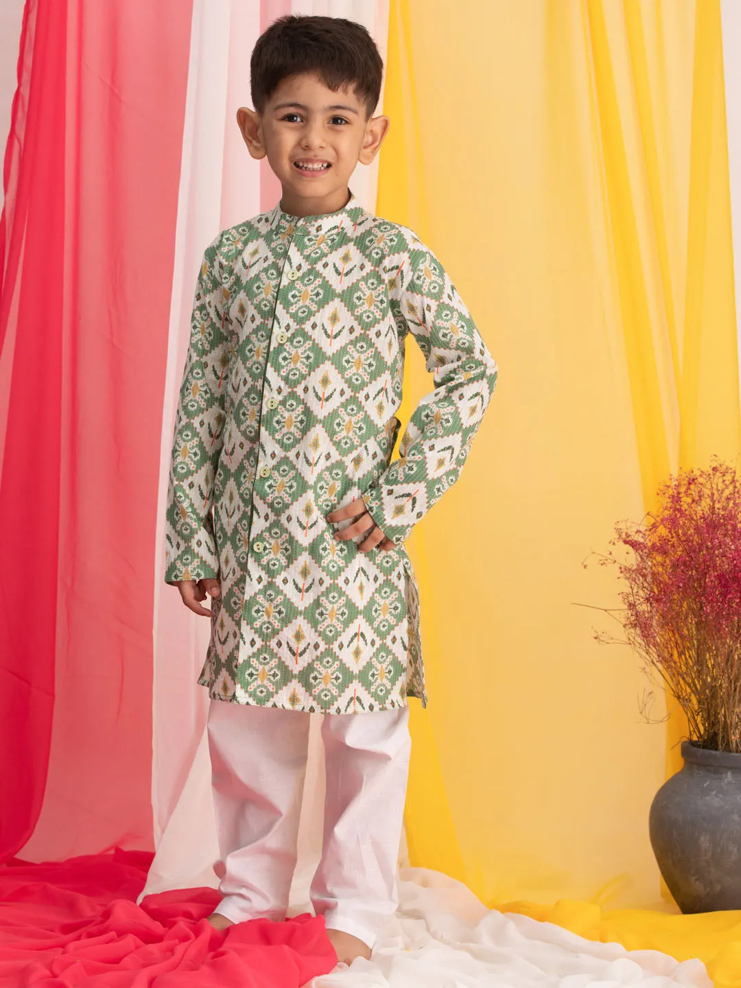 VASTRAMAY Boy's Green Ikkat Print Front Open Kurta with Pyjama Set