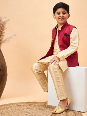 VASTRAMAY Boy's Maroon Woven Jacket With Gold Kurta and Pyjama Set