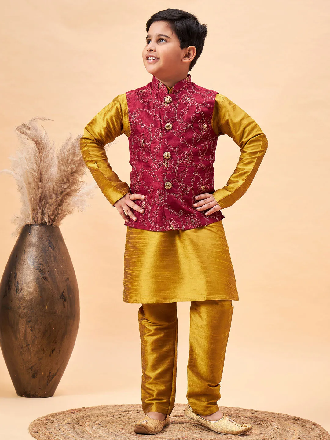 VASTRAMAY Boy's Maroon Woven Jacket With Mustard Kurta and Pyjama Set