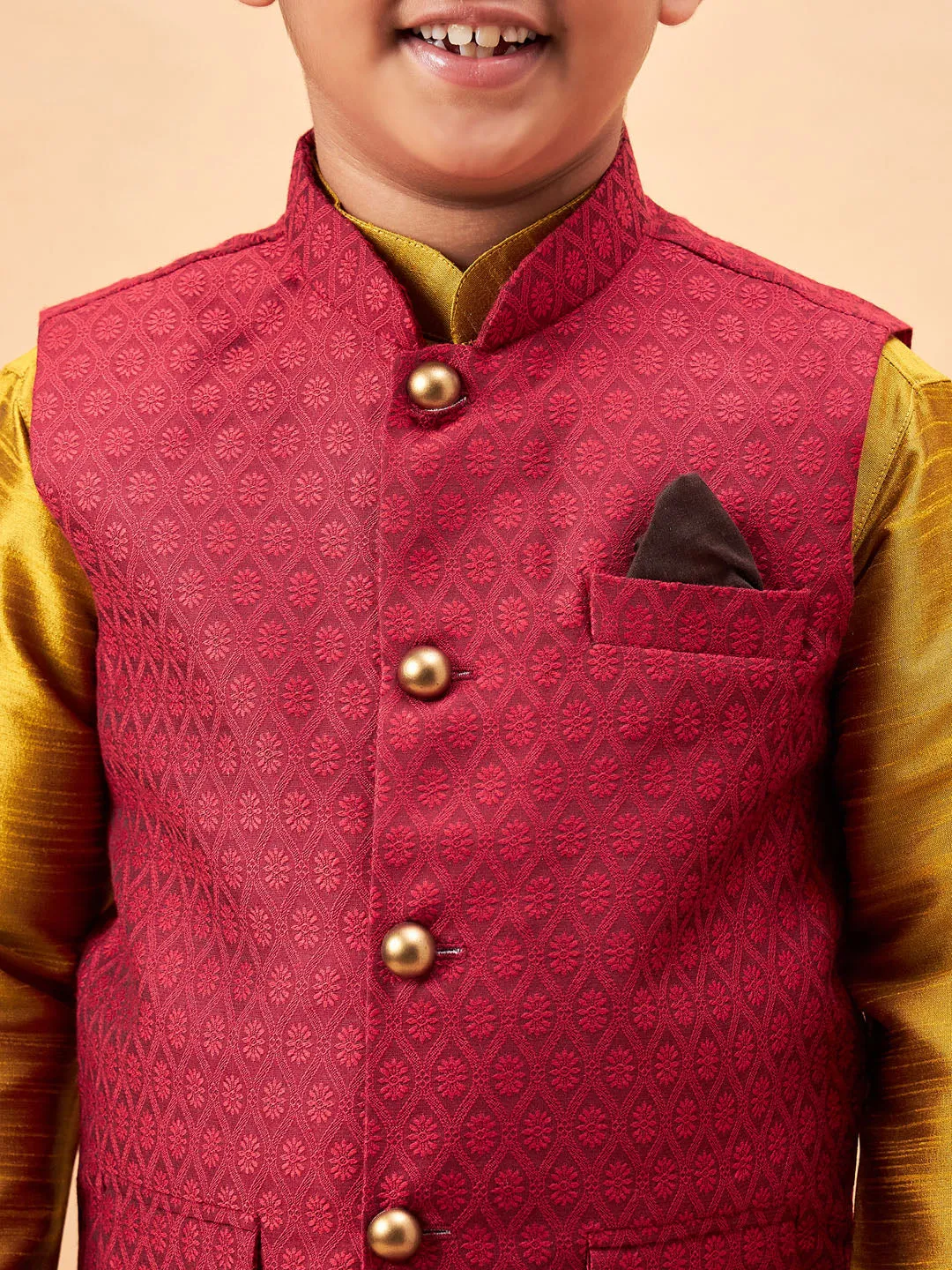 VASTRAMAY Boy's Maroon Woven Jacket With Mustard Kurta and Pyjama Set