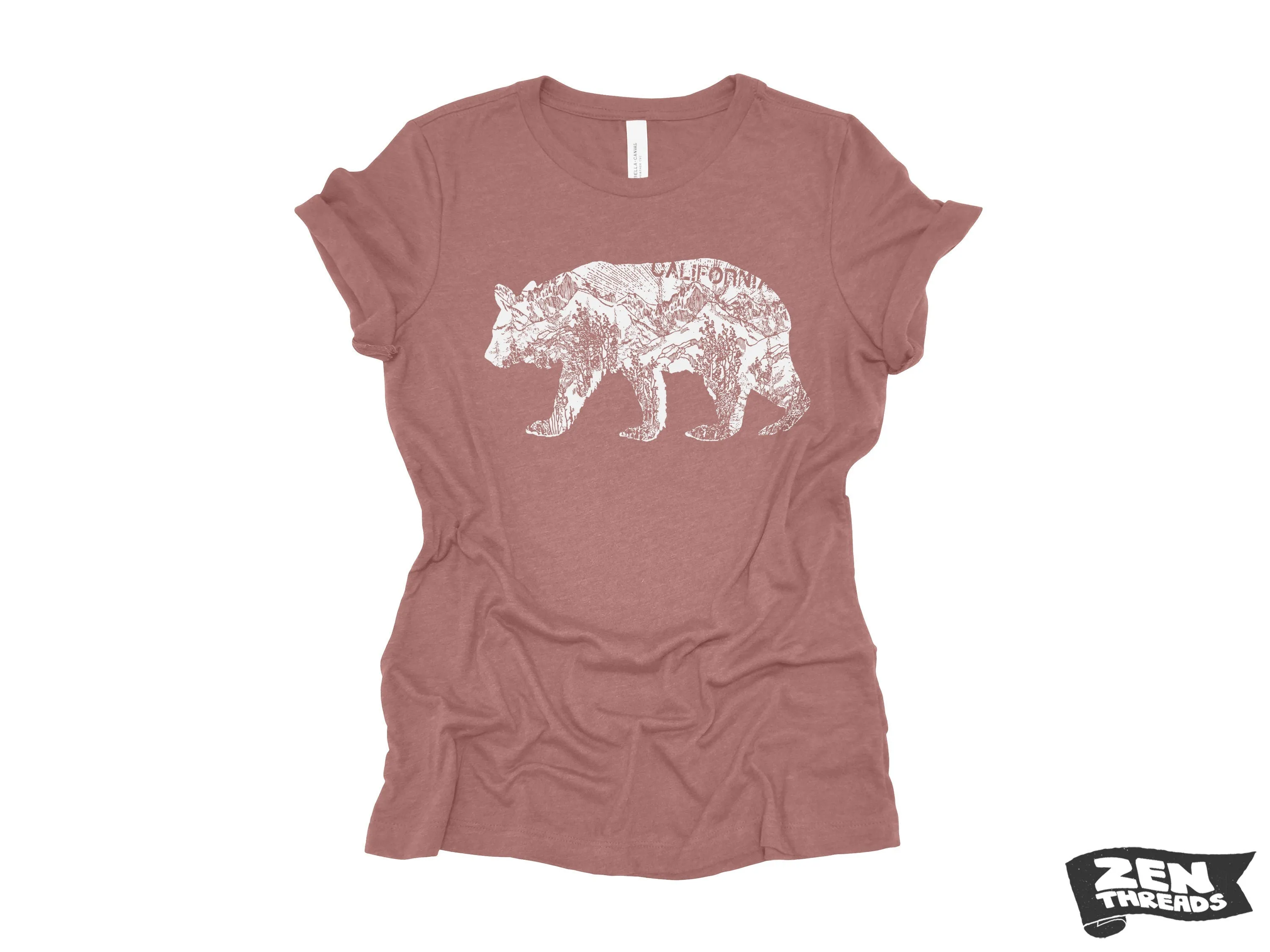 Womens California BEAR T-Shirt eco printed Relaxed fit crew the ladies (  Colors Available) travel west coast Hollywood Yosemite redwoods