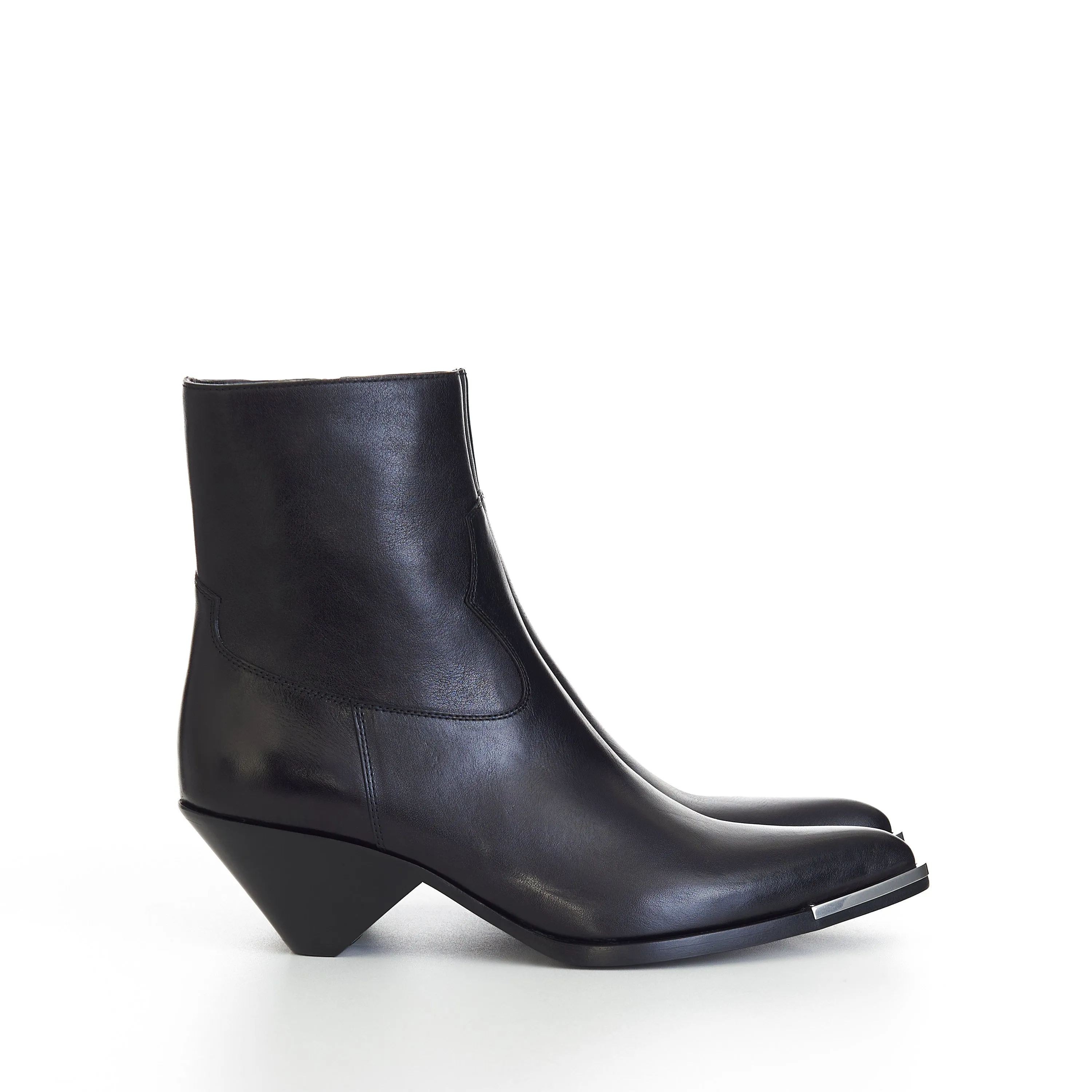 Zipped Conique Boot With Metal Toe In Black Shiny Calfskin